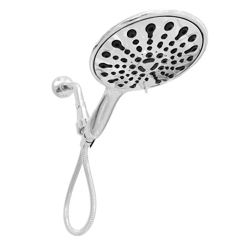 A six-inch silver electroplated handheld shower head with multiple spray function settings.