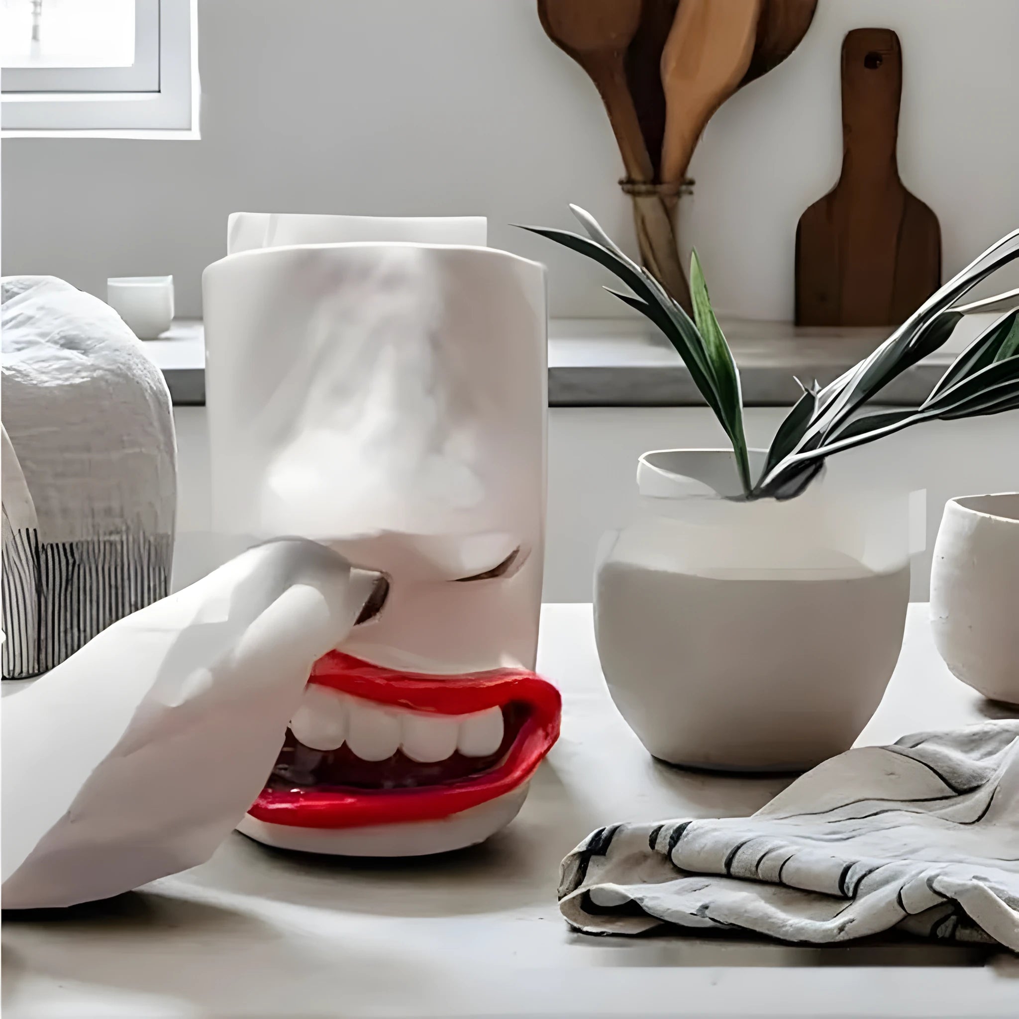 A fun-coloured resin decorative holder for a tissue box, shown on a desktop.