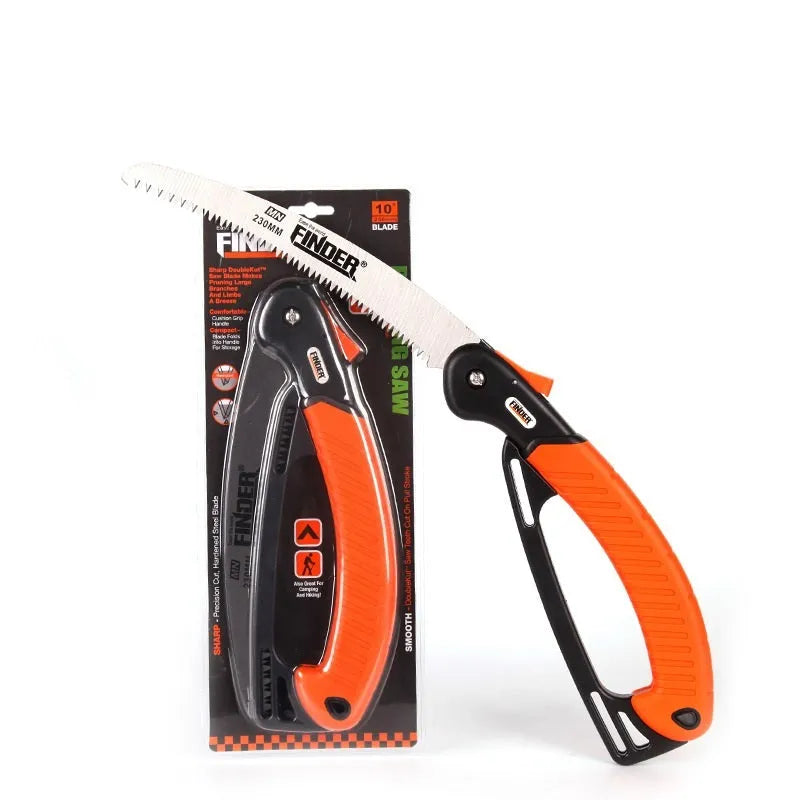 A folded and open 230mm folding garden saw with a TPR grip and 65MN steel blade.