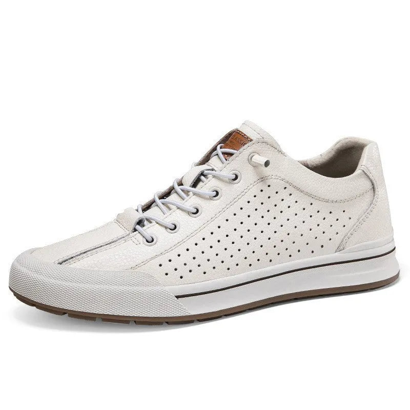 Men's white breathable leather shoes with round toe and flat heel in matte finish