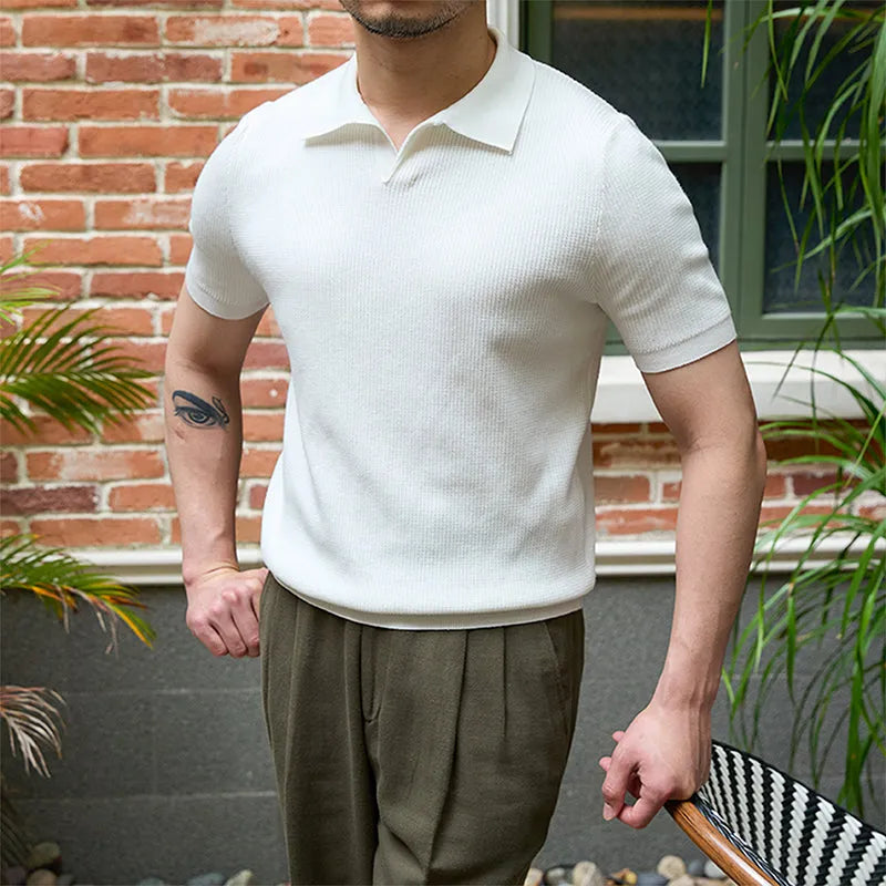 Men's casual knitwear top in 100% lyocell fibre with ribbed hemline, available in smoky gray, green, and white.