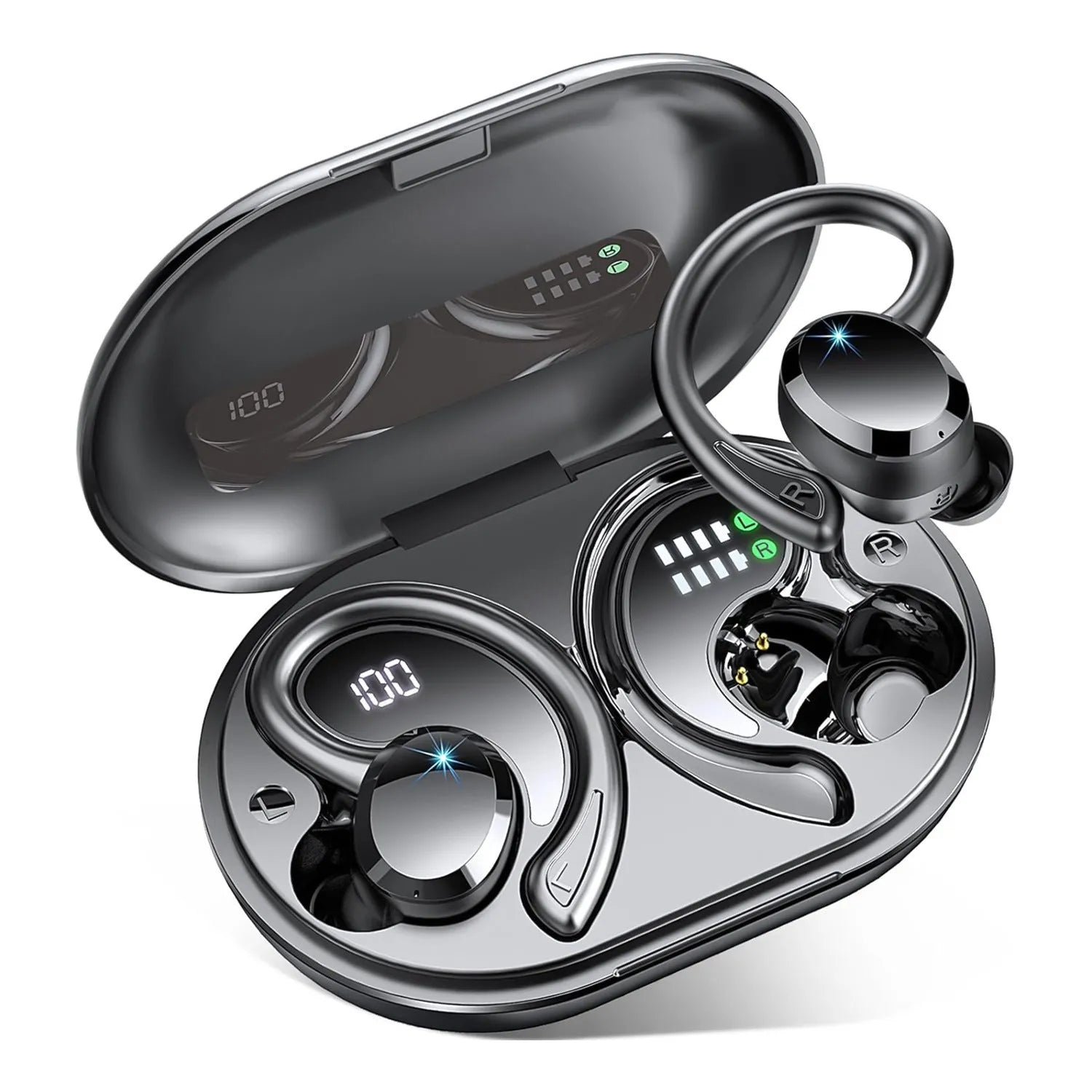 Q38 digital display waterproof sports Bluetooth earphone in ear-mounted in-ear style on a white background