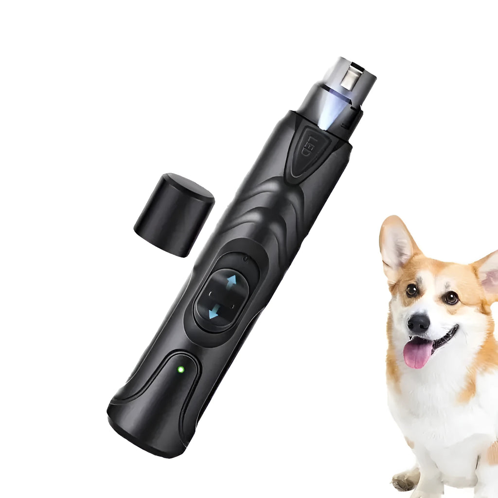 Black ABS lighted dog nail grinder with LED light and two speed settings for pet paw grooming