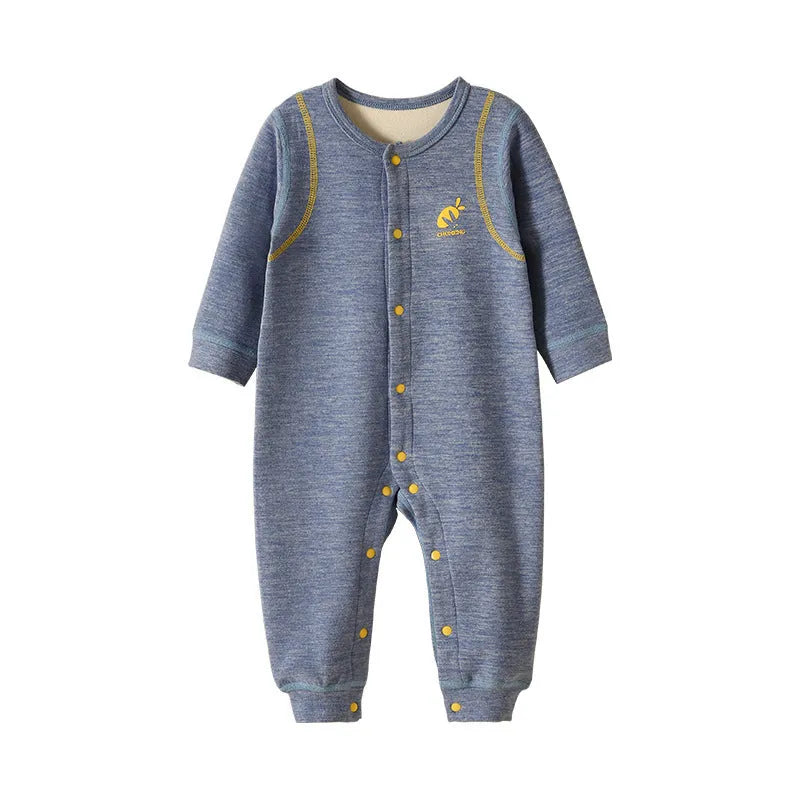 Velvet warm baby jumpsuit in orange, yellow, or blue polyester with single-breasted closure and long sleeves.