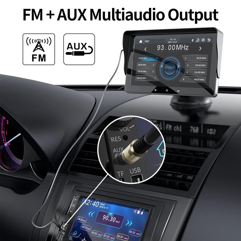 7 inch wireless CarPlay display with suction cup mount and cigarette lighter power adapter