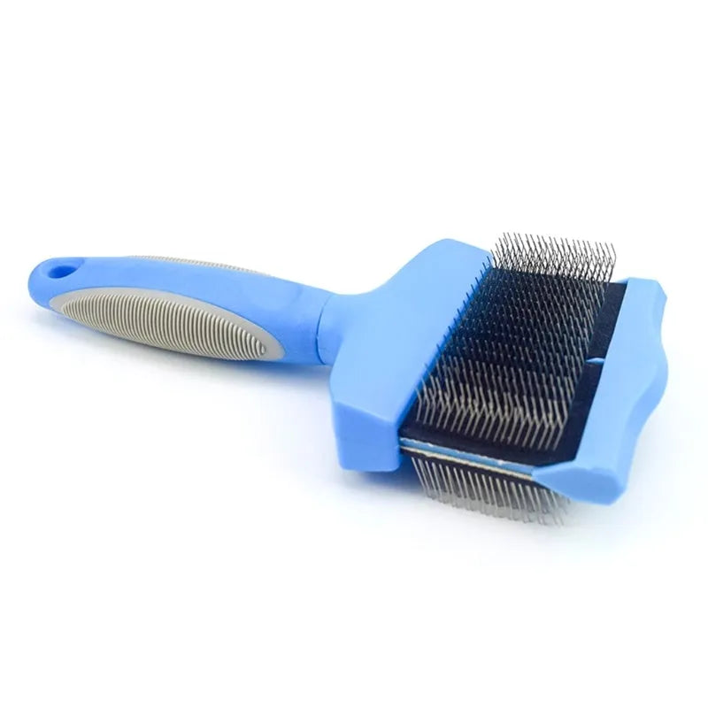 Double-sided pet grooming brush with stainless steel bristles in blue colour