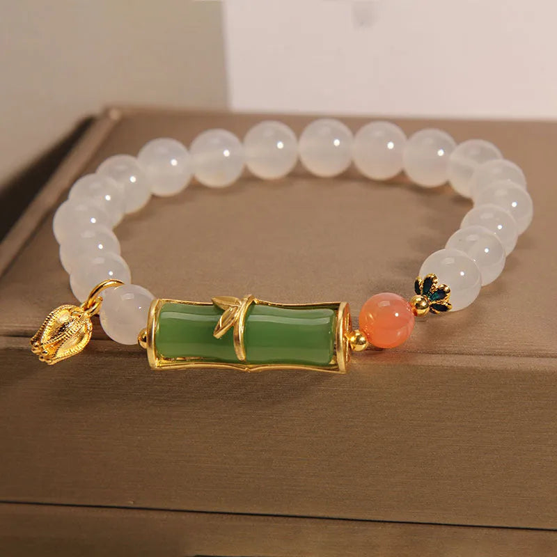 White agate jade bamboo bracelet with Chinese retro design for women