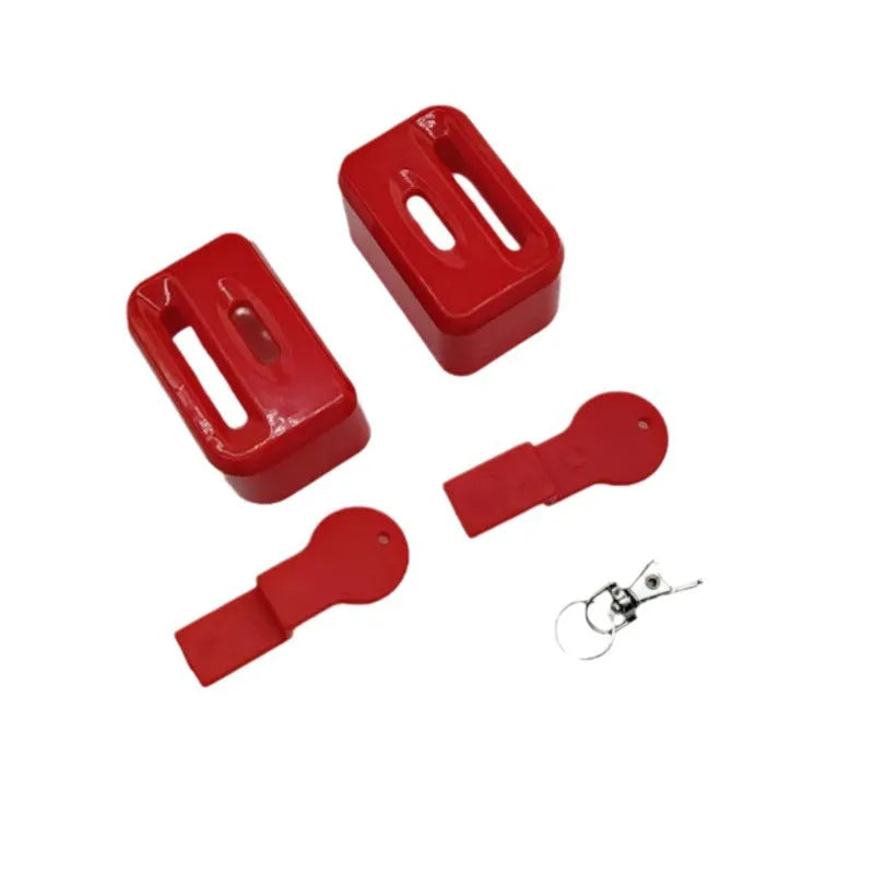Black plastic seat belt lock catch protective device installed on automotive seat belt buckle