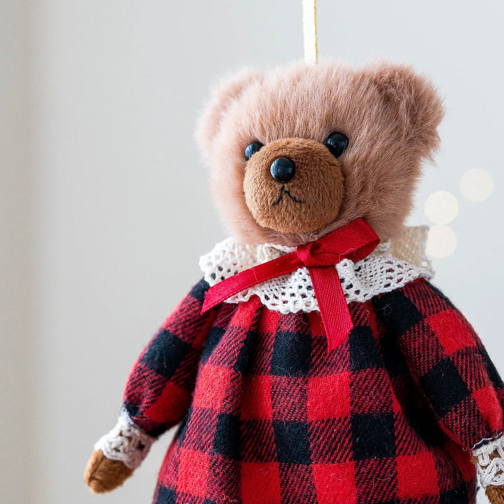 A soft cloth plush bear doll showing two colour options: a princess bear and a gentleman bear with a plaid suit.