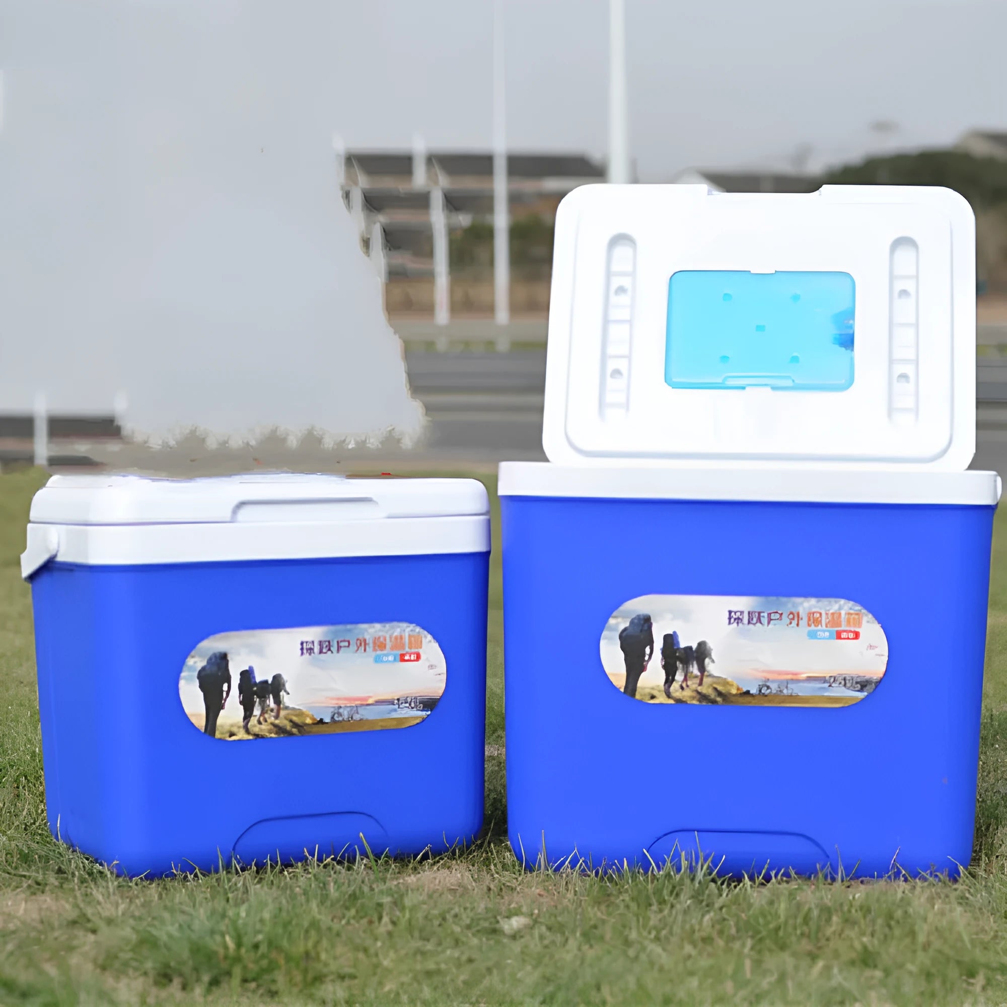 Blue portable insulated cooler box with aluminium foil interior lining showing multiple capacity options