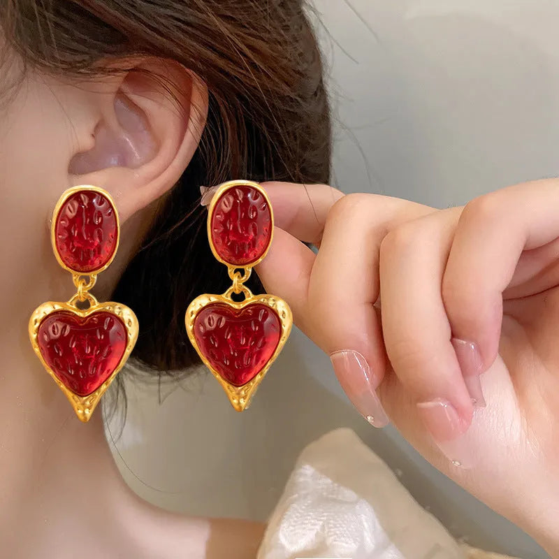 Silver needle pleated oval love heart stud earrings in green, purple, red, and yellow white on alloy posts.
