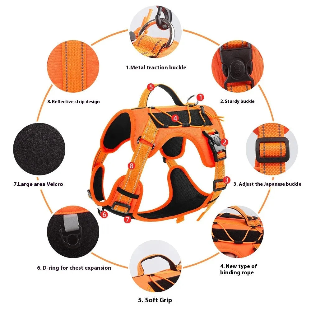 Reflective dog harness with hand-holding rope in adjustable sizes and multiple colour options
