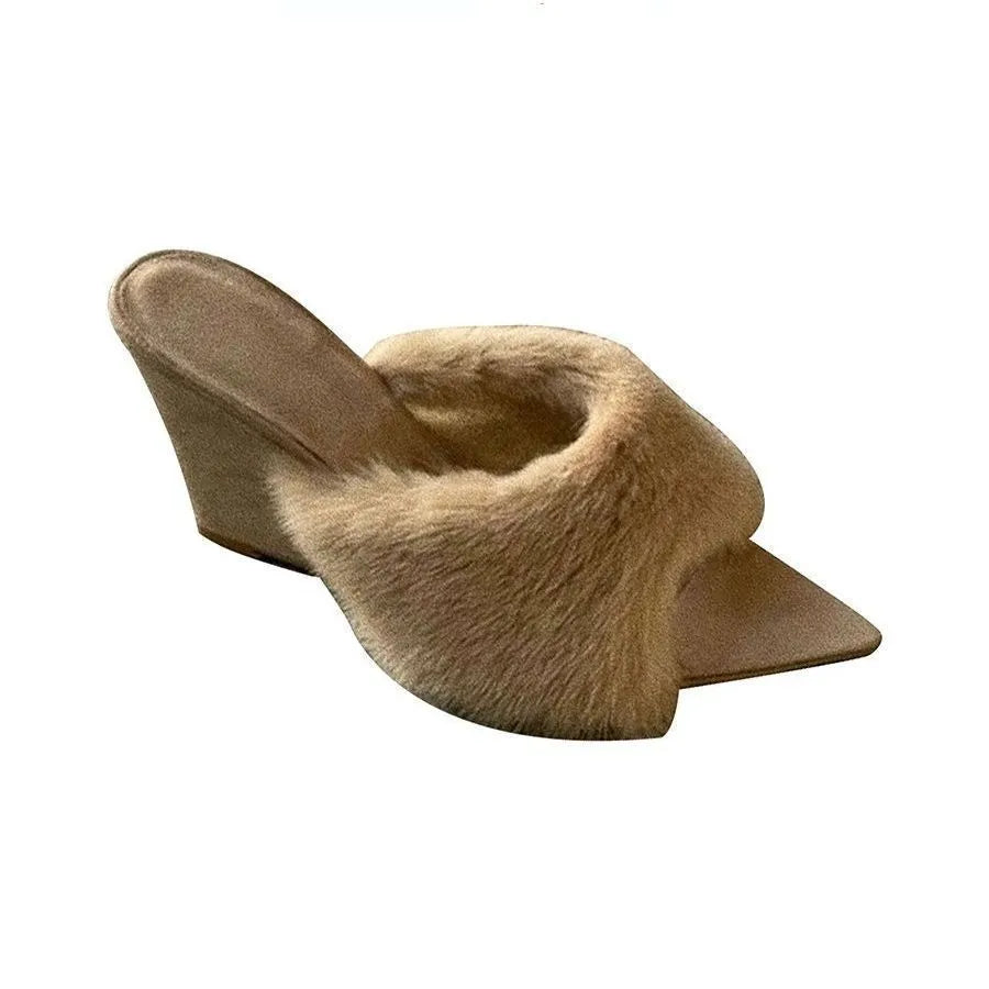 Apricot French casual wedge slippers with artificial plush upper and rubber sole for height increase