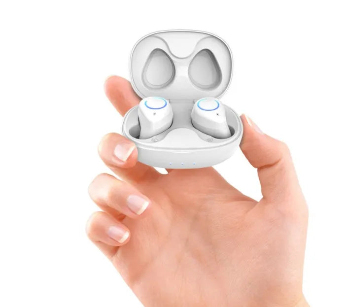 Black and white M18 true wireless in-ear stereo headset with Bluetooth 5.0.
