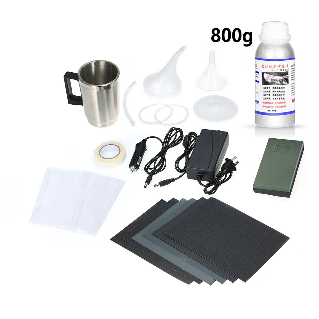 Car headlight repair tool kit in aluminium box with atomisation cup, sandpaper grades and AU or US plug option.