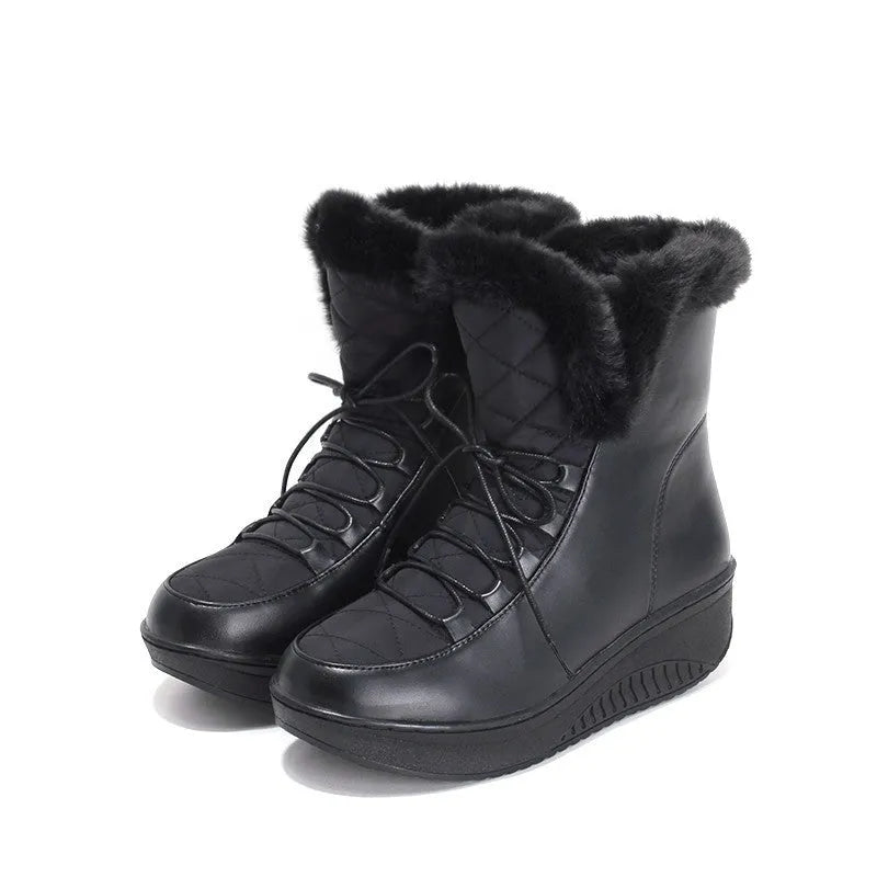 Black women's winter boots with lace-up closure, water-resistant PU leather upper, and plush lining.