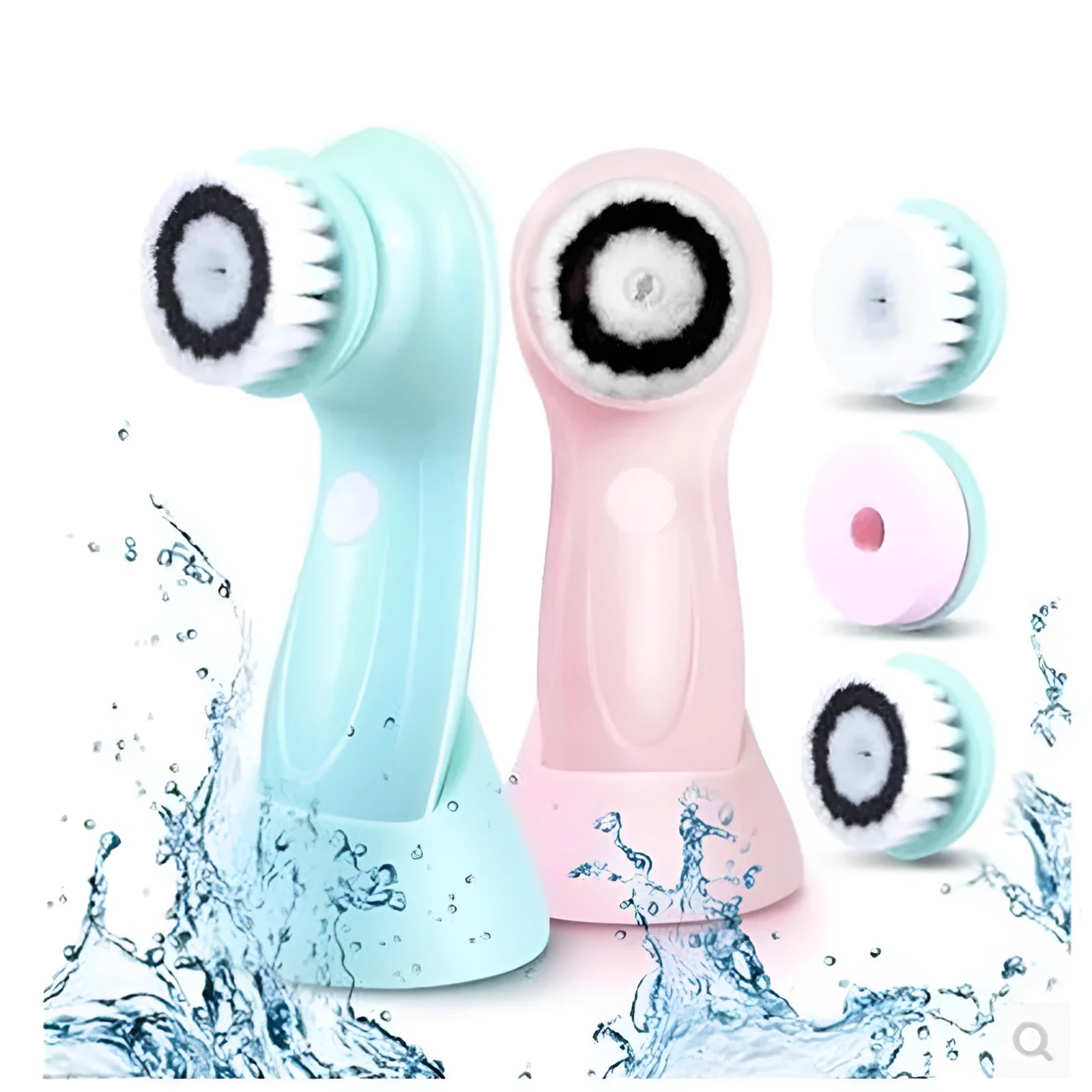 Waterproof face wash cleansing instrument in blue with brush head, sponge, and base for daily exfoliation