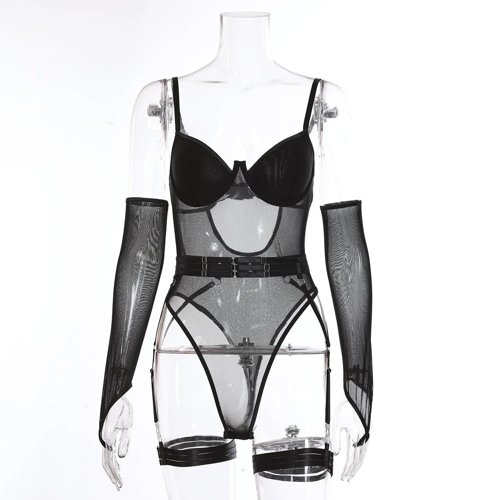 A woman's see-through mesh sukumizu jumpsuit in a sleeveless, one-piece design.