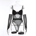 A woman's see-through mesh sukumizu jumpsuit in a sleeveless, one-piece design.
