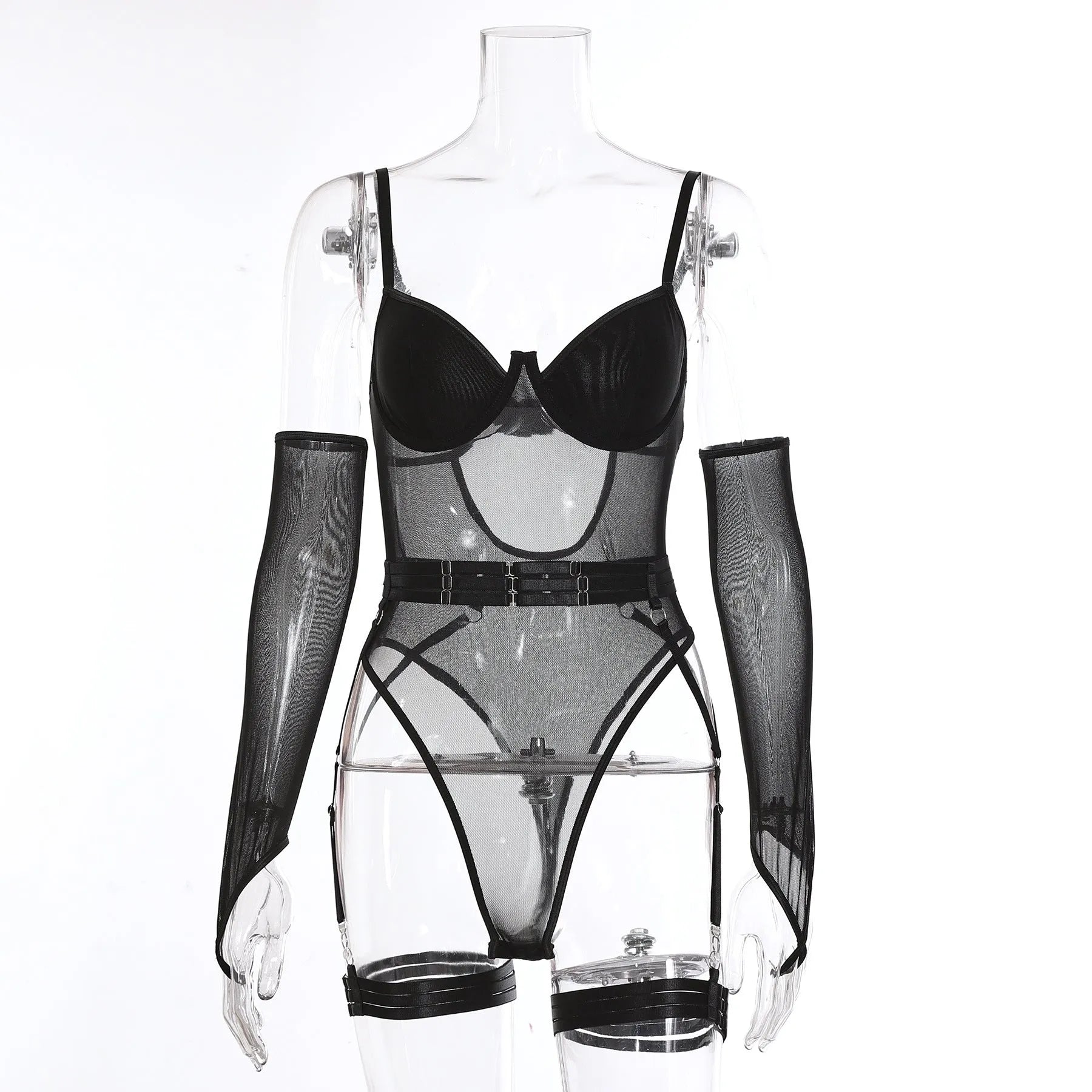 A woman's see-through mesh sukumizu jumpsuit in a sleeveless, one-piece design.