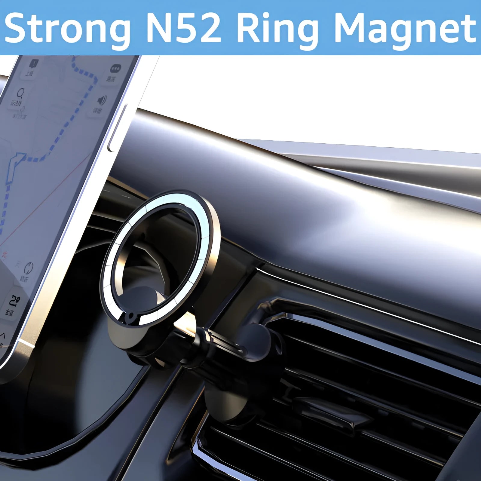 Black magnetic suction car phone holder mounted on a vehicle air vent, showing O-ring clip and magnet for phone attachment.