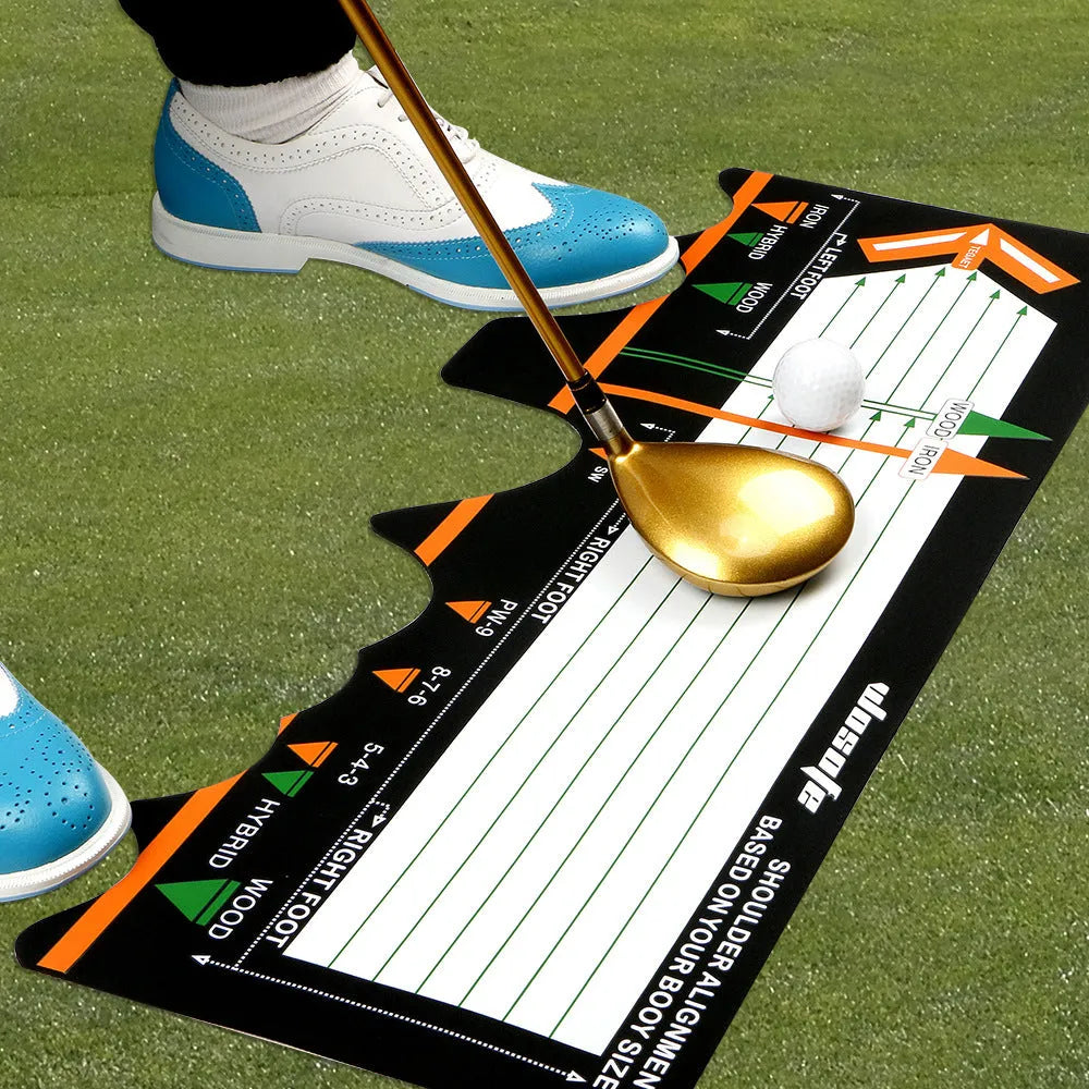 Black neoprene golf swing posture correction pad with alignment indicators for stance training