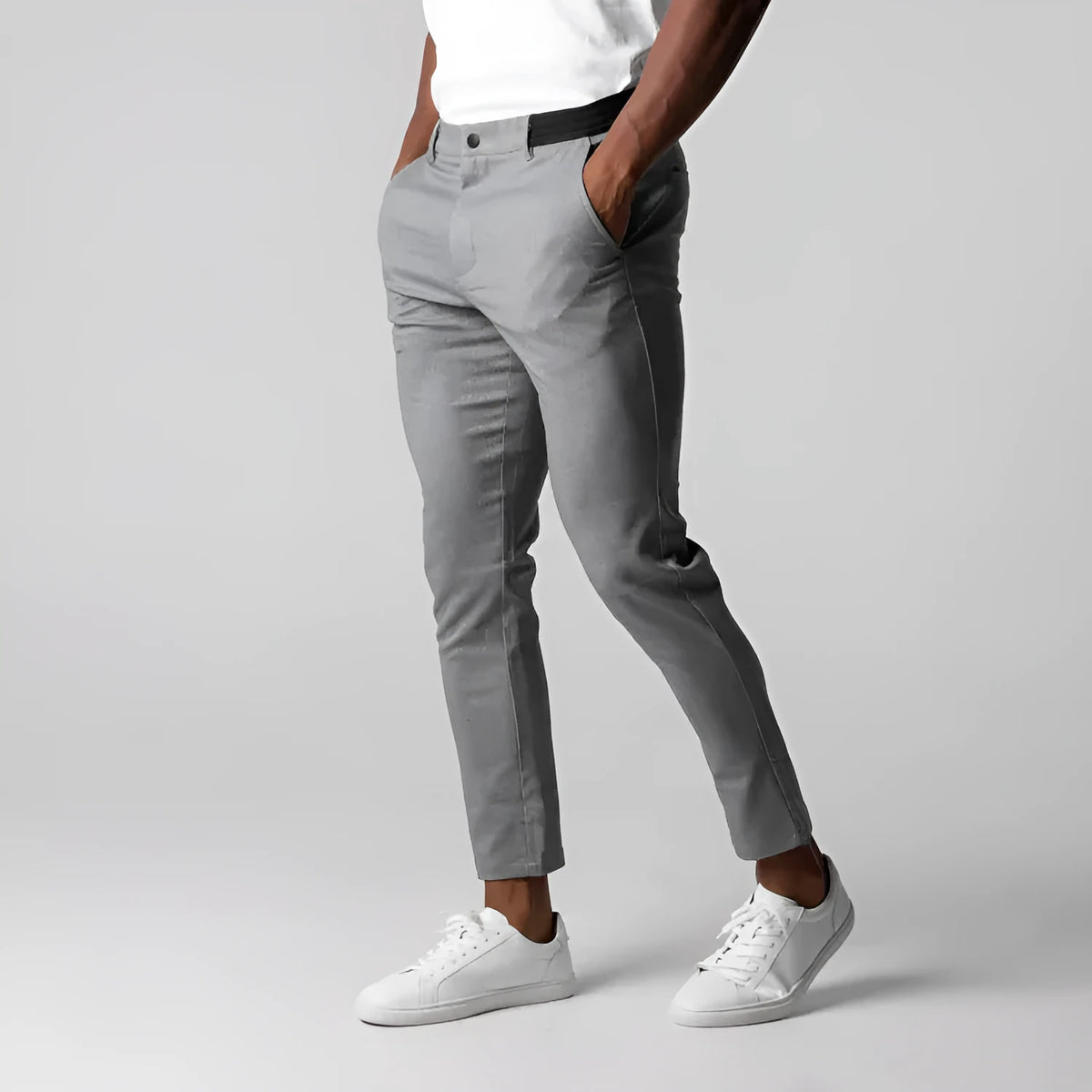 Men's casual cotton trousers in Japanese straight-leg style, available in gray and dark blue, sizes S to XXL
