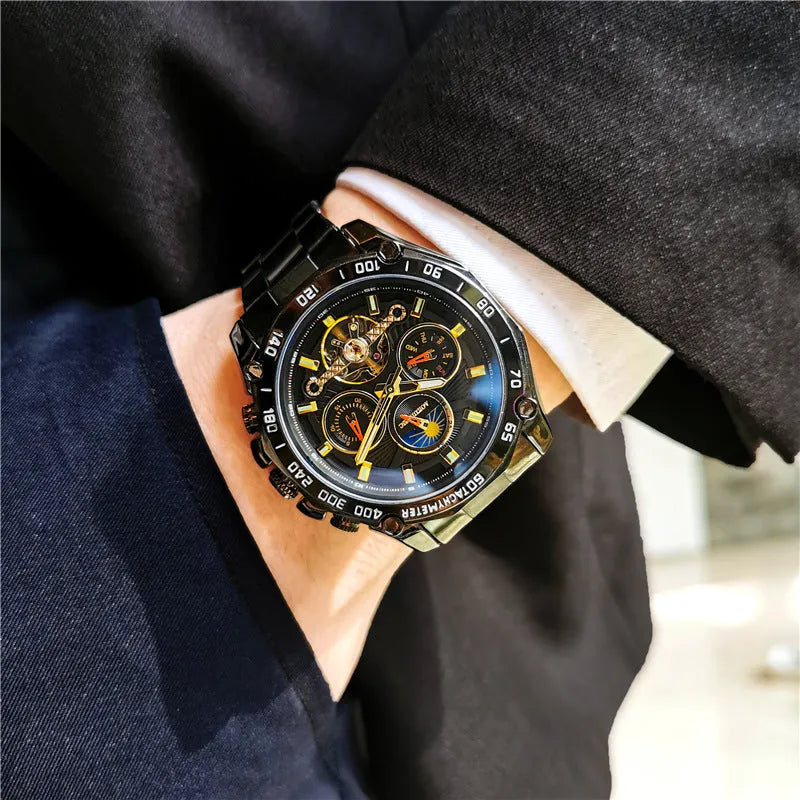 Men's automatic mechanical watch with 12mm case in various colour combinations including silver, black, and black with gold