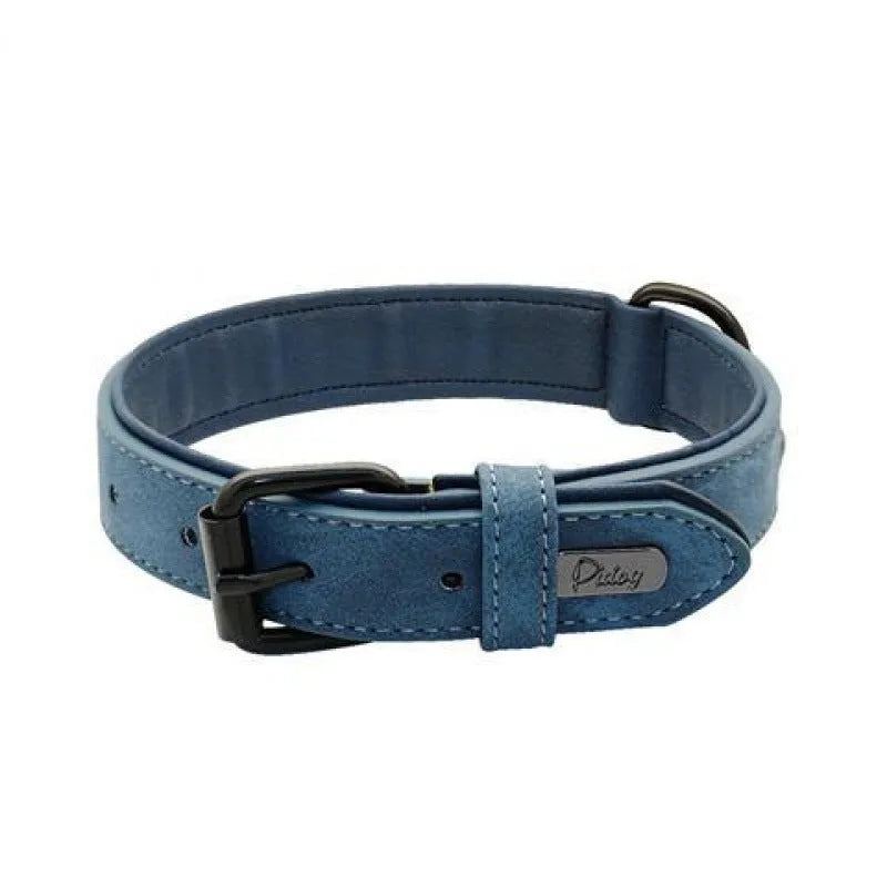 Adjustable dog collar showing PU front and microfiber back in purple colour