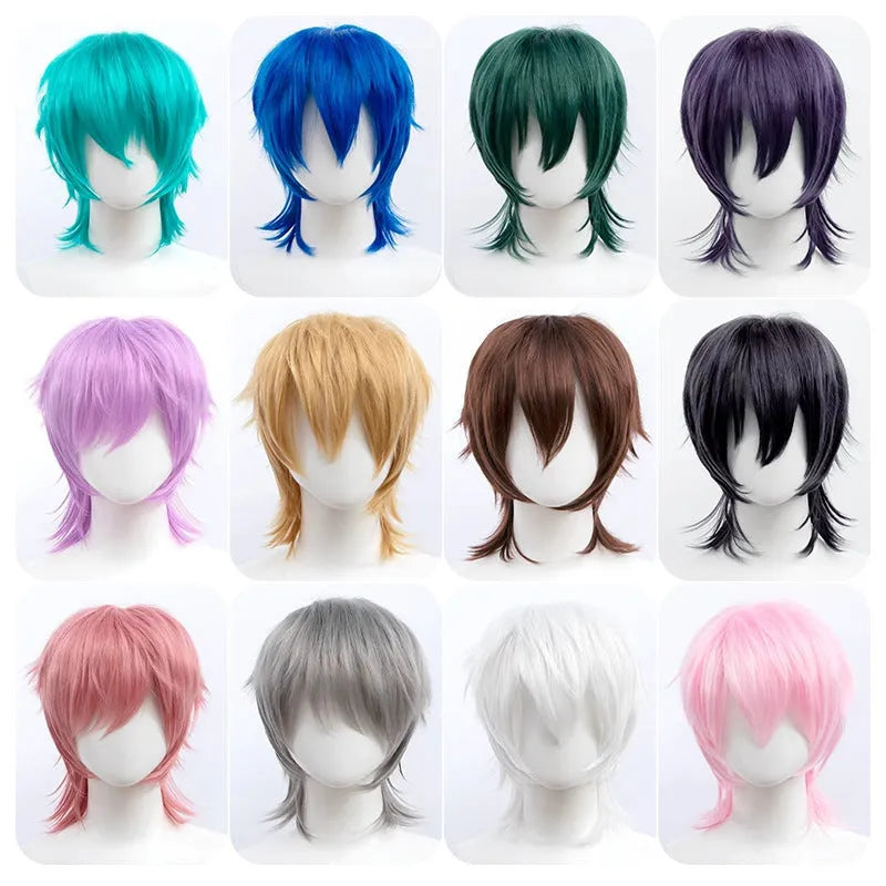 Short black and blue anime-style cosplay wig for men with a lengthened tail.