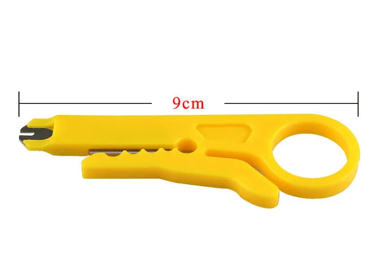Yellow mini portable wire stripper tool with 0.6mm stripping head on a white background.