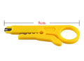 Yellow mini portable wire stripper tool with 0.6mm stripping head on a white background.