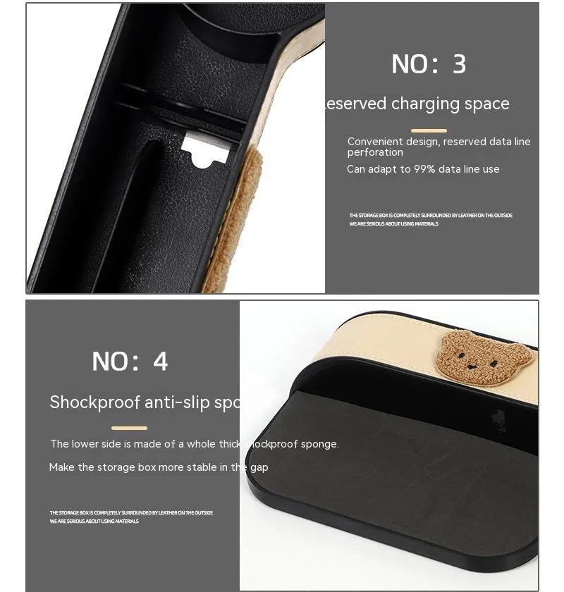 Leather car seat gap storage box with cartoon bear design for organising small items