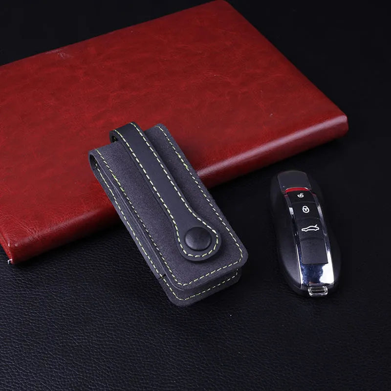 Genuine cowhide leather key case for Porsche with belt buckle closure, 10x4.3cm