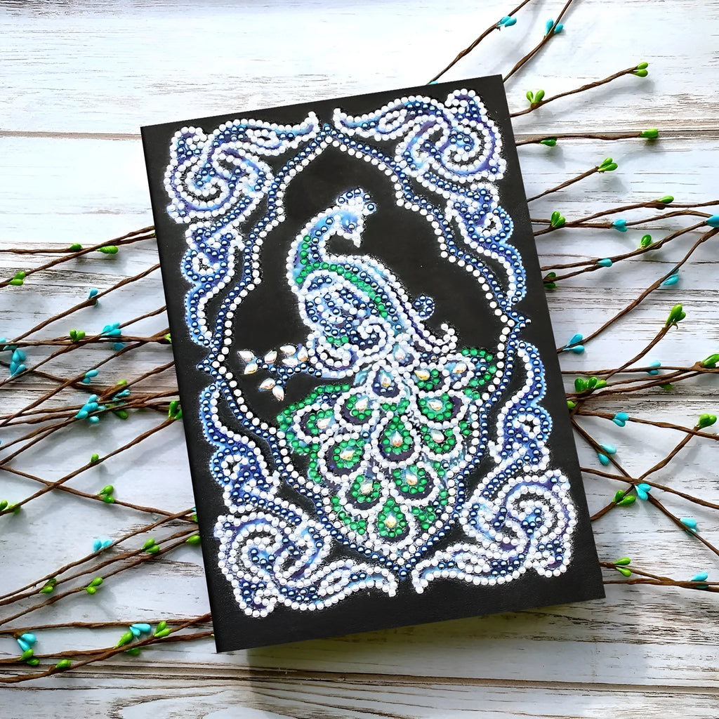 A5 diamond painting notebook with peacock design using shaped and bright drill crystals