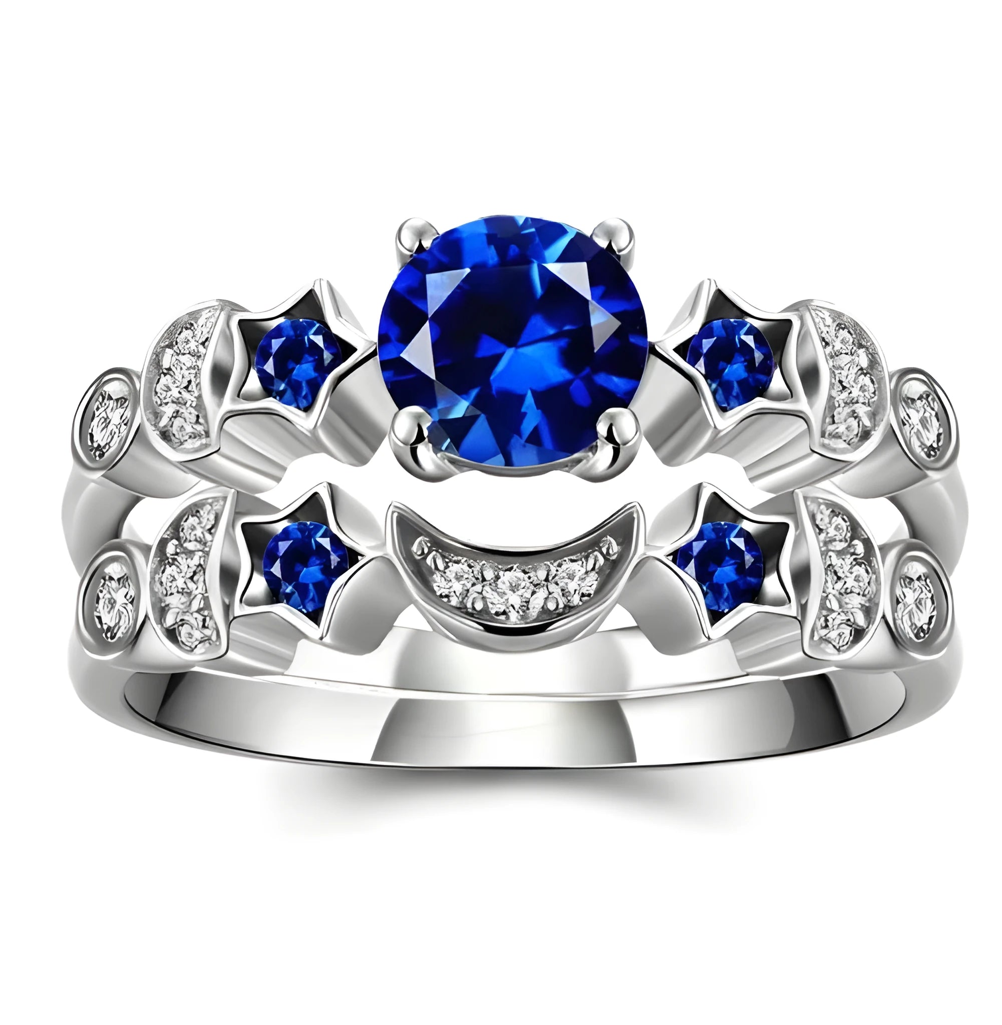 Creative moon ring with blue gemstone inlay on display showing detailed crescent design and stone setting.