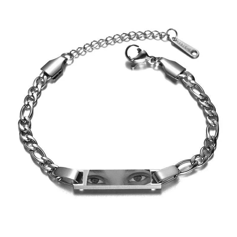 Custom stainless steel photo necklace with engraved eye design, geometric shape, and electroplating finish in a range of colours