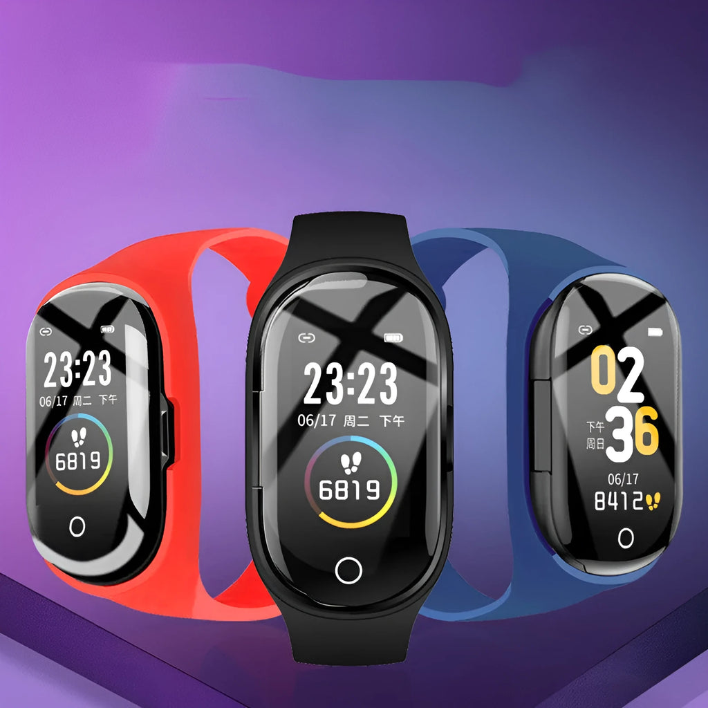 Smart bracelet and earphone combo in blue, black, or red with a 1-inch colour screen and silicone wristband.