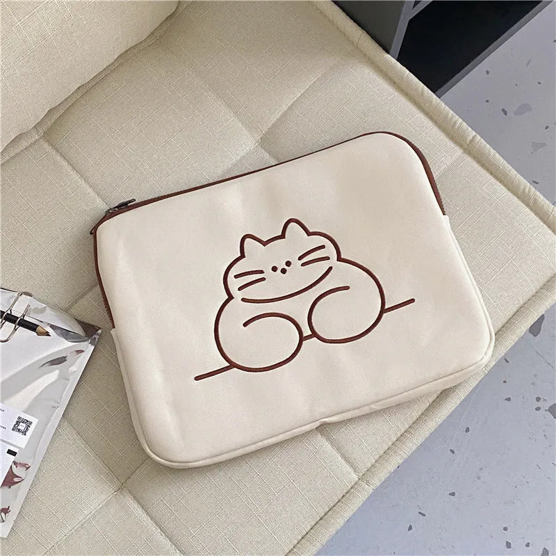 Embroidered animal tablet protective sleeve case with fat cat design in nylon material