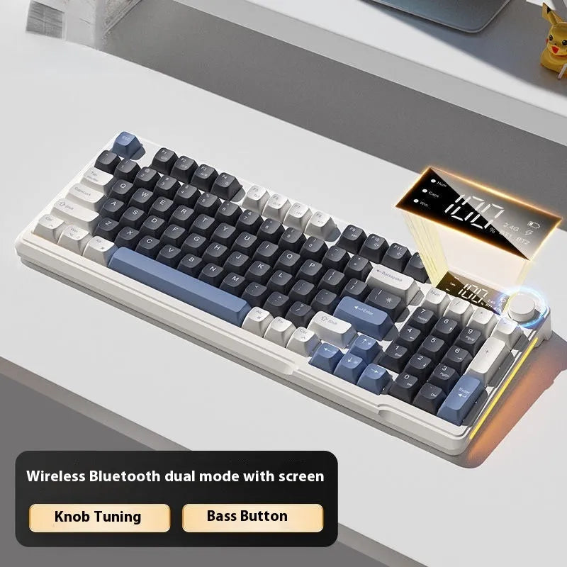 Blue and white wireless mechanical-feel keyboard and mouse set on a wooden desk