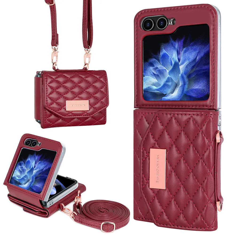 Fashion lanyard phone cover for Samsung Z Flip4 Flip5 Flip6 in purple with crossbody strap and card slot