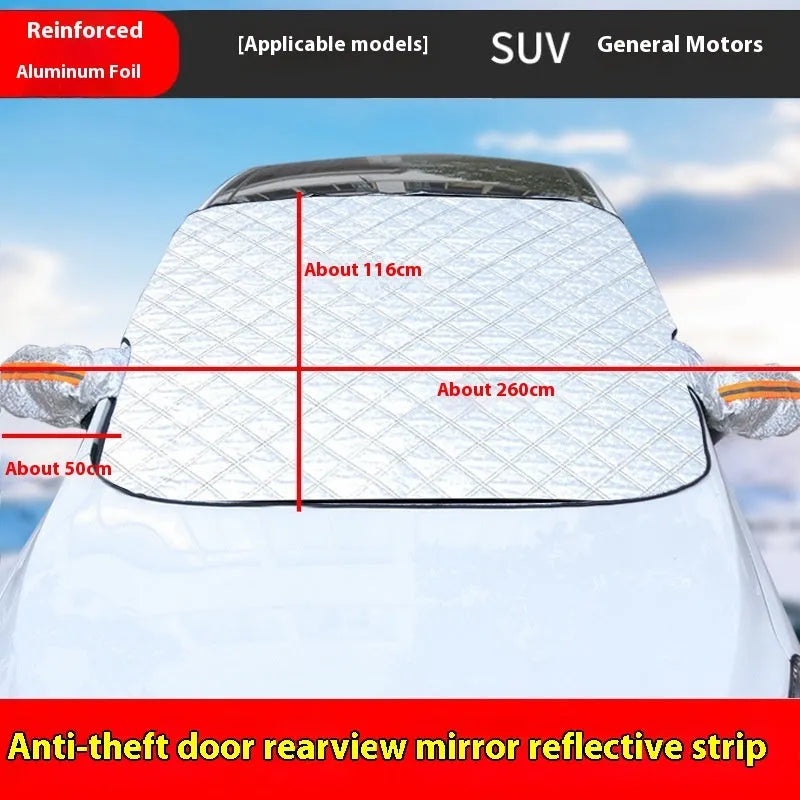Large aluminium foil car cover with reflective stripes and magnets, shown fitted on an SUV front windshield.