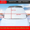 Large aluminium foil car cover with reflective stripes and magnets, shown fitted on an SUV front windshield.