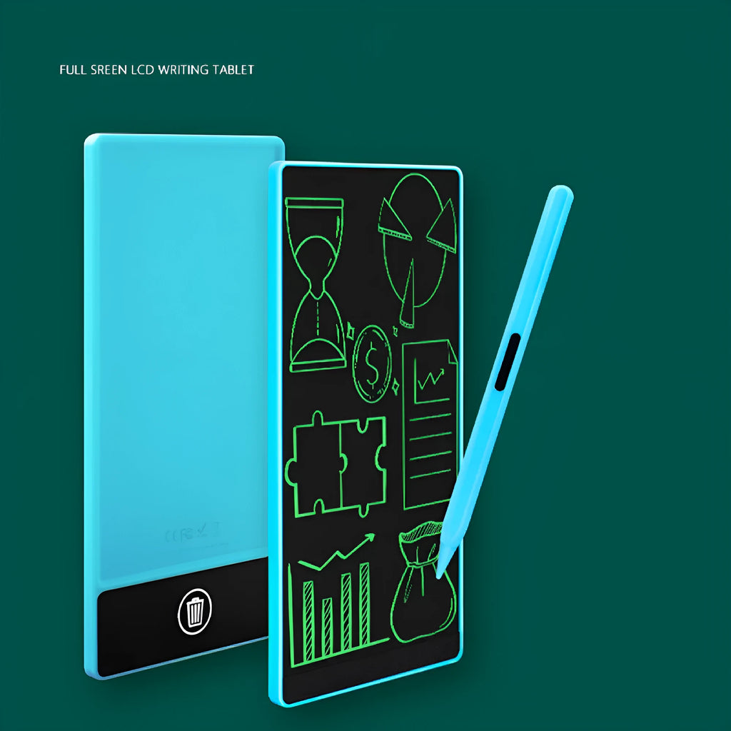 Blue LCD handwriting board showing handwritten numbers, with stylus, dimensions 155x77mm