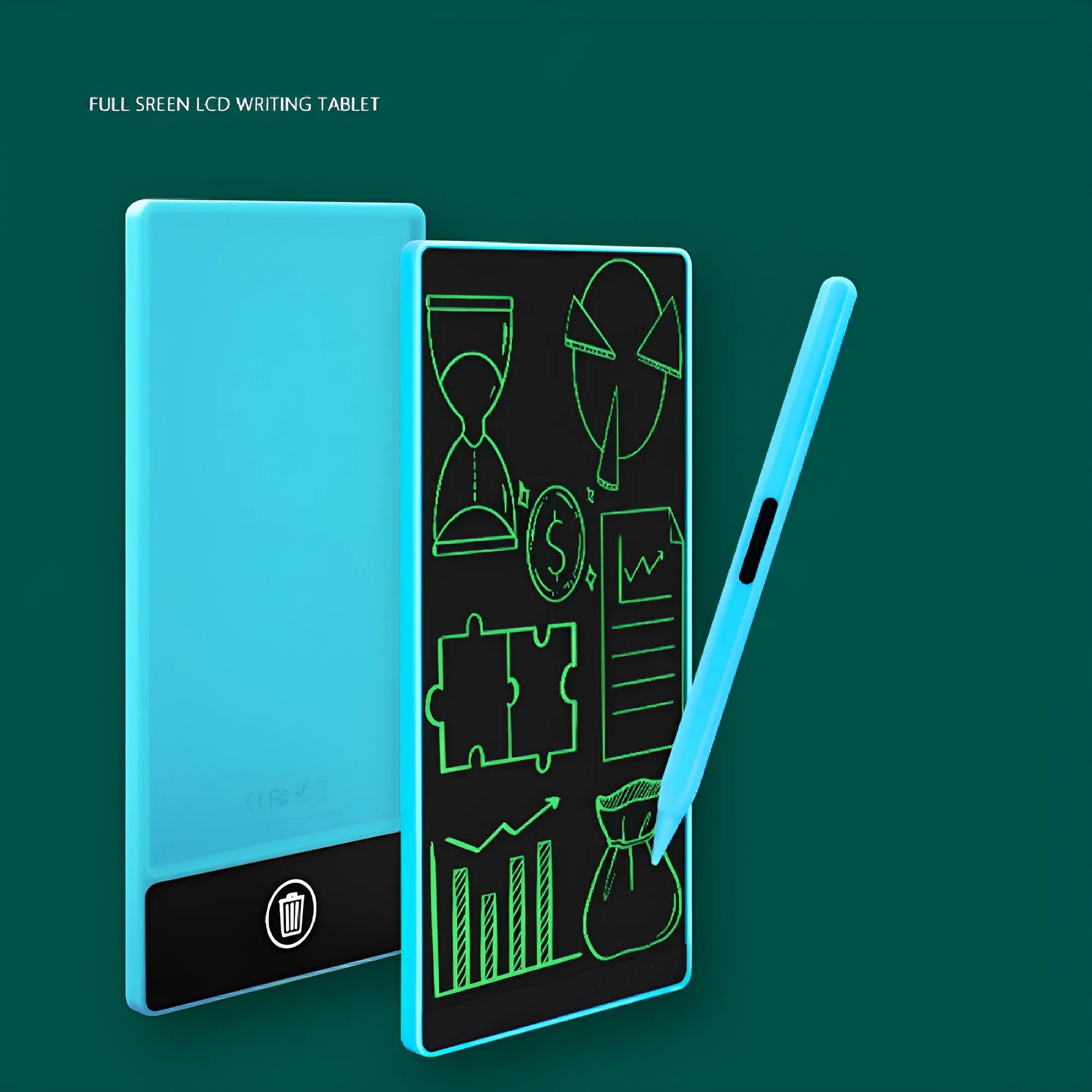 Blue LCD handwriting board showing handwritten numbers, with stylus, dimensions 155x77mm