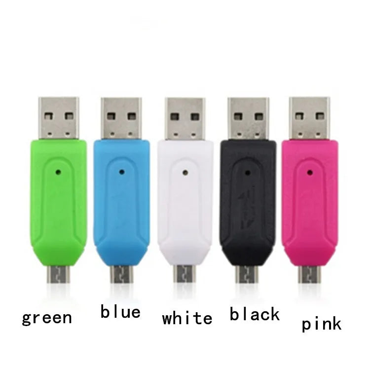White OTG card reader with Micro USB connector for Android phones and computers, reading SD and TF memory cards.
