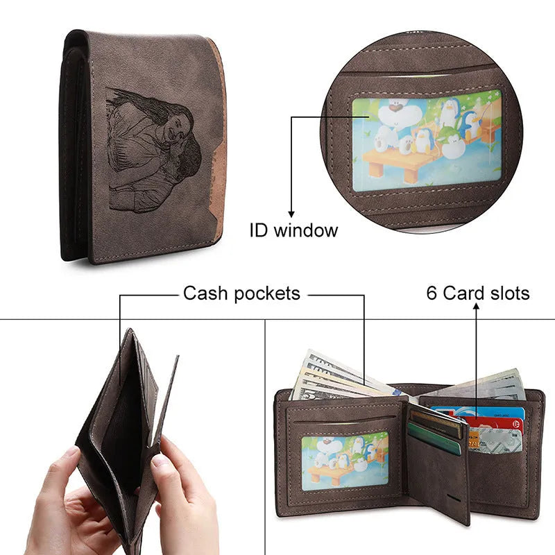 Coffee coloured PU leather engraved wallet showing personalised photo engraving option.