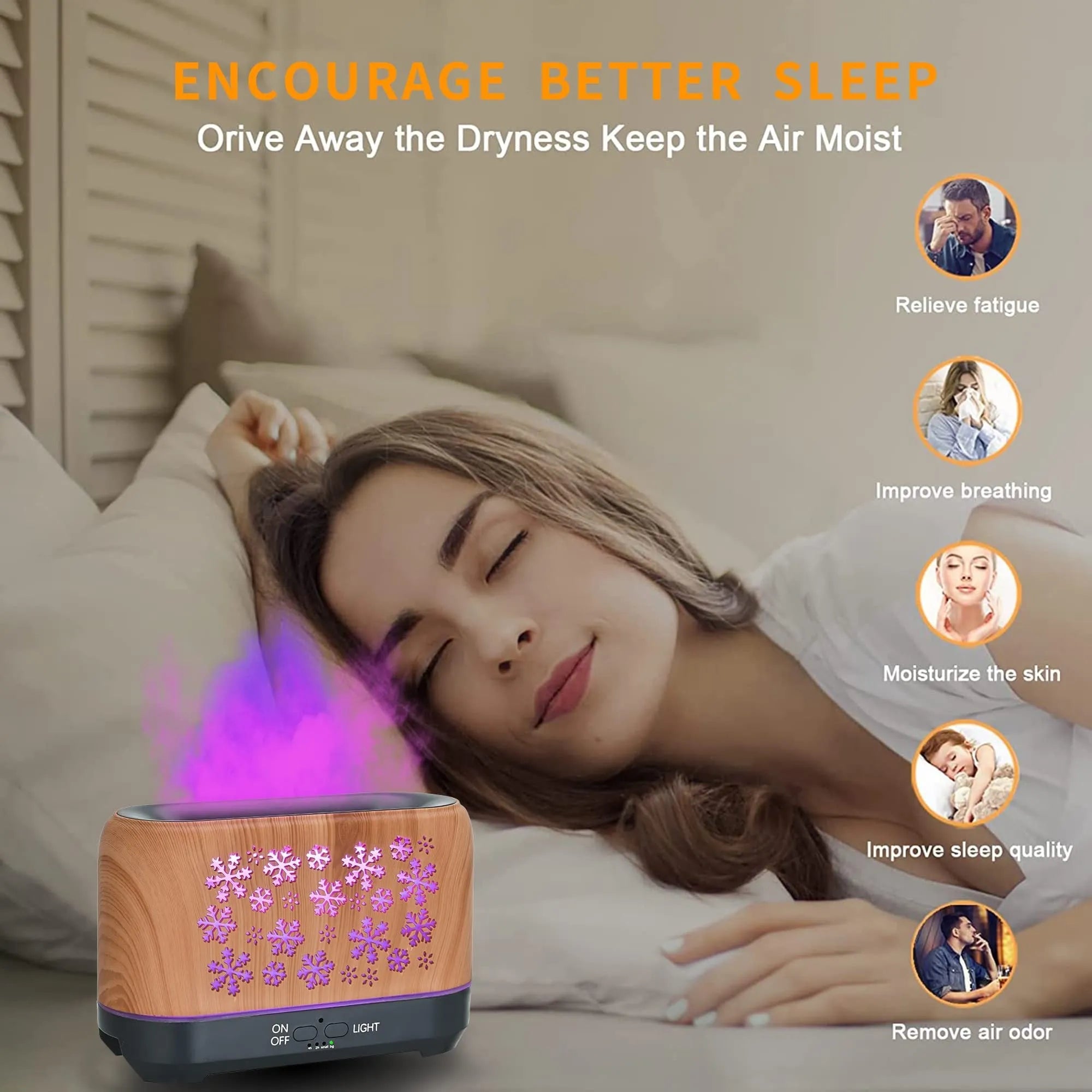 Square snowflake wood grain aromatherapy humidifier with colourful LED flame effect and remote control