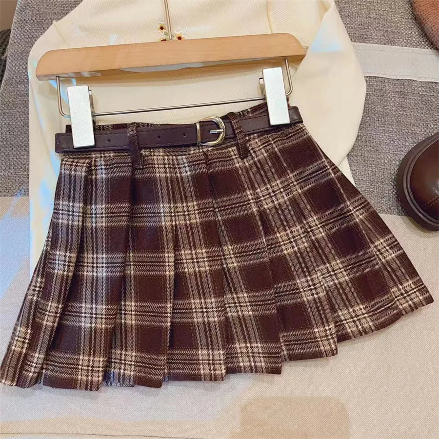 Girls' plaid pleated A-line skirt in cotton blend with six height size options