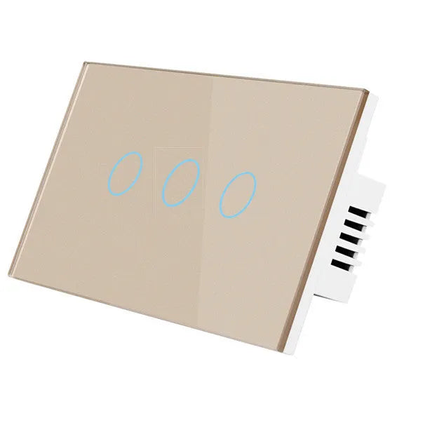 White 2-gang RF touch light switch with tempered glass panel and blue LED indicator.